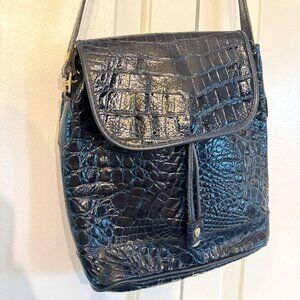 Vintage Navy Blue Croc Leather Crossbody Bucket Bag